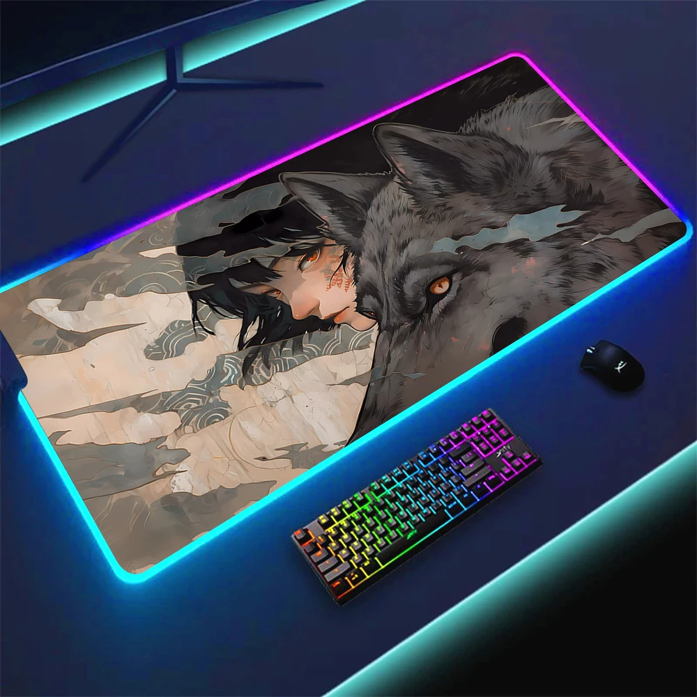 Cool Wolf Girl Art Large LED Mouse Pad Home PC Anime E-Sport Gaming Accessories Desk Mat RGB Laptop Backlight Mousepad XL Carpet