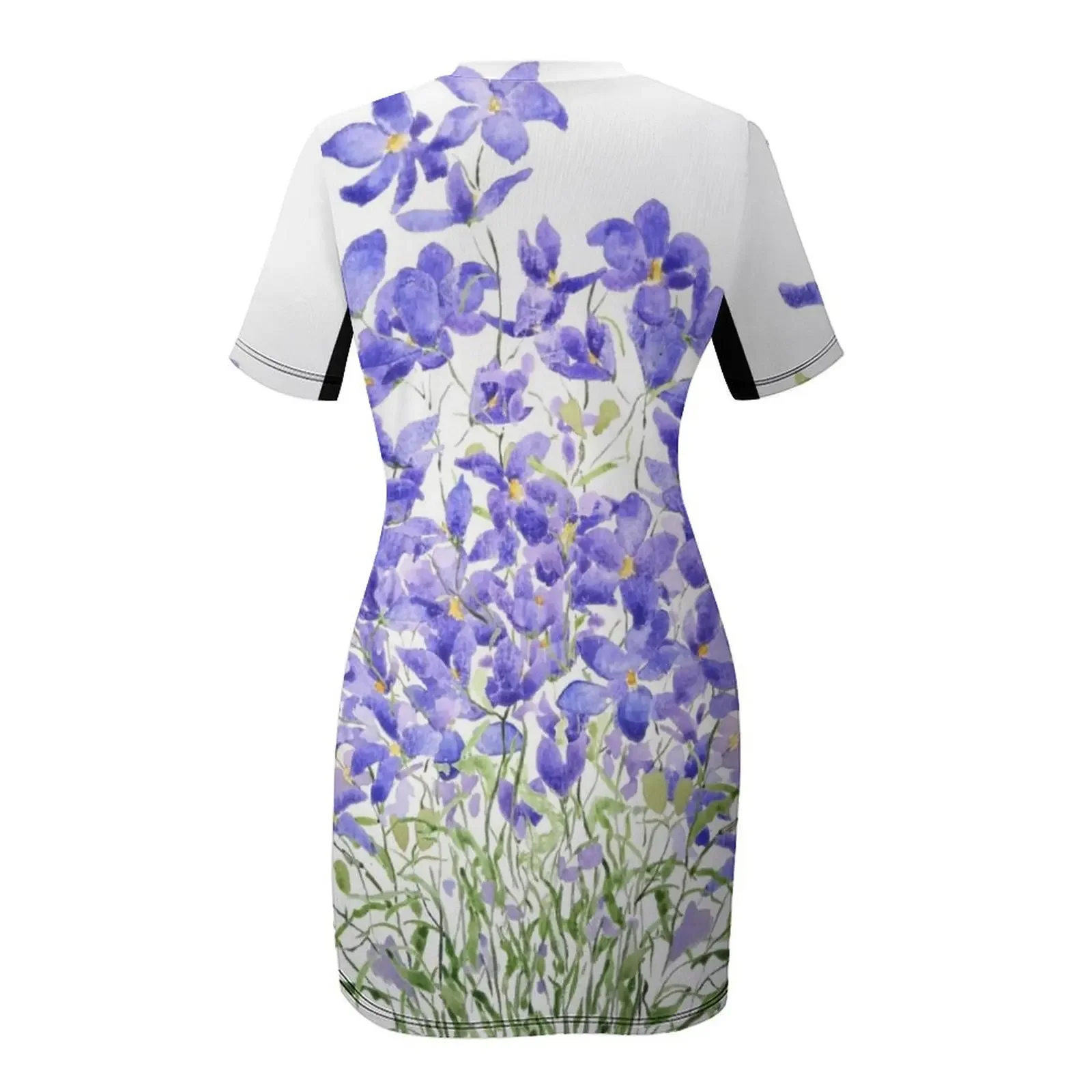 ภาพวาดสีน้ำเงินม่วงของดอกไม้ป่า ชุดเดรสแขนสั้น ชุดเดรสออกงาน ชุดเดรสวินเทจ