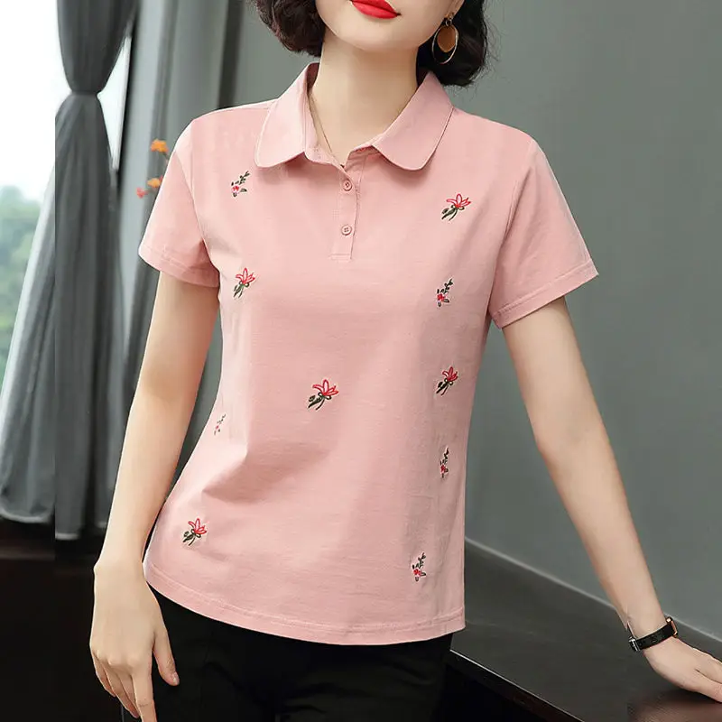 

2025 new Korean-style middle-aged women's casual shirt, short-sleeved polo collar shirt for summer