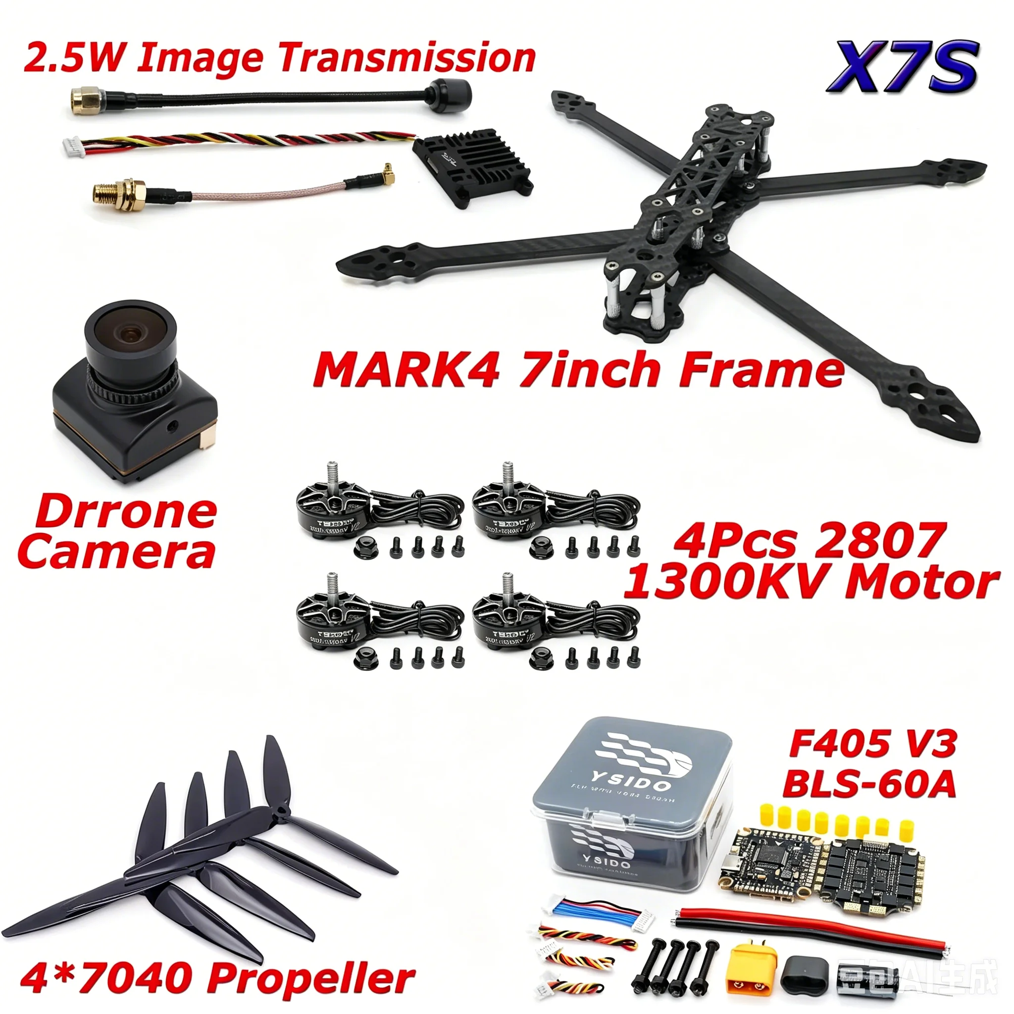 ​YSIDO RC FPV Drone 295mm Frame Kit 2807 1300KV Motor FC F405 V3 4-in-1 60A ESC Stack 2807 Brushless Motor B19 Camera 2.5W VTX