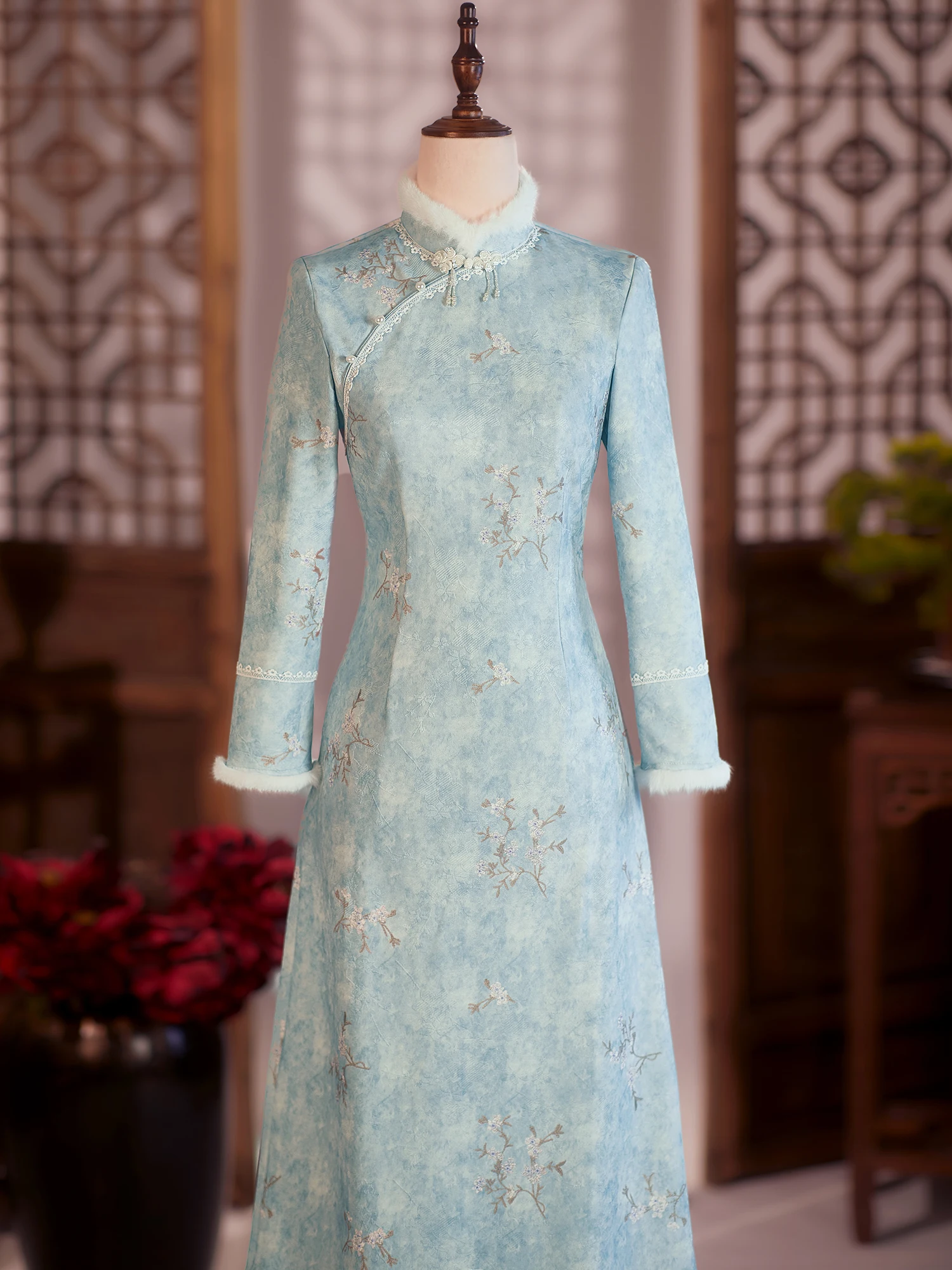 

Blue Winter New Arrival Women's Long Sve Fro Coat Vintage Sle Warmth Polyester Fiber Long Dr for Mom