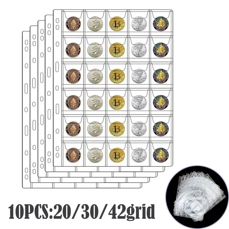 20/30/42 Pocket Clear Coin Collection Pages, PVC Stamp Storage Sheets, Coin Album Organizer Inserts for Collectors
