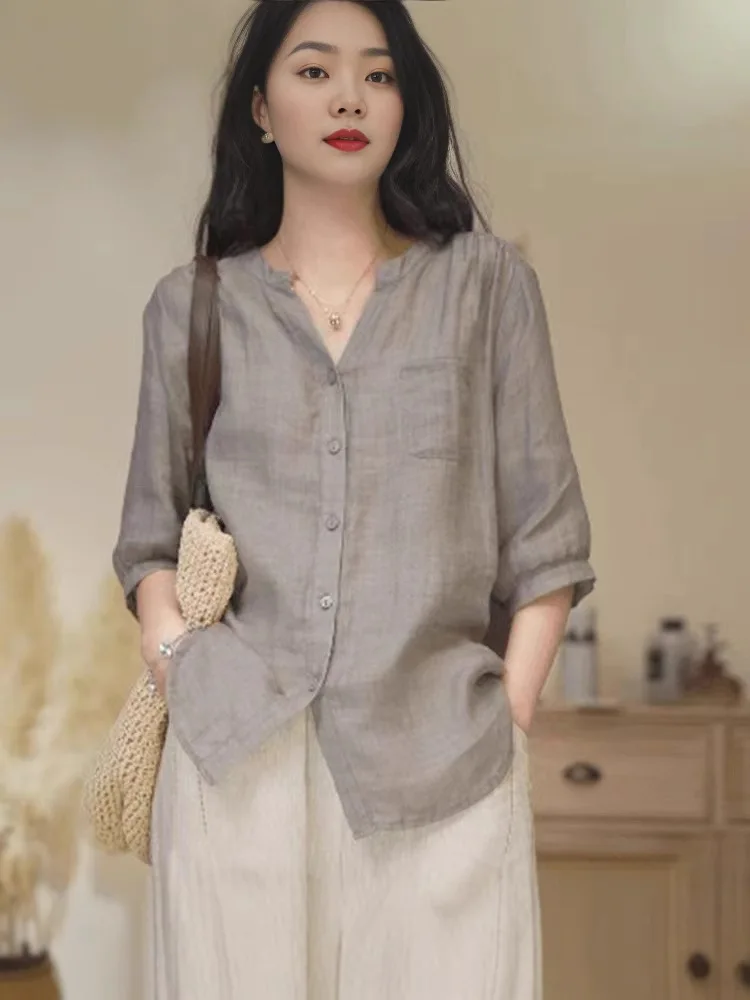 

Блузка, подчеркивающая фигуру, свободного кроя, больших размеров, с глубоким V-образным вырезом, из рами, дышащая, летняя, с рукавами до локтя, туника