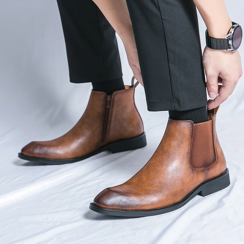 Brand Fashion Spring Designer Zipper Italian Dress Office Shoes for Mens Chelsea Casual Boots Retro Pointed Ankle Boot Footwear