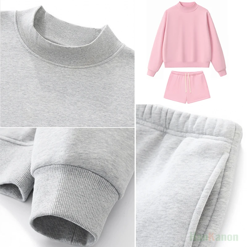 Winter - American Casual Oversized Sweatshirt + Shorts Colorful Palette Ultra-Soft Fabric Cozy Women's Fleece-Lined Set for Fall