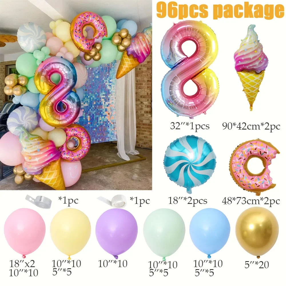 96Pcs Rainbow Donut Balloon Arch Garland Ice Cream Lolly Foil Balloons for 1-9 years Girls Birthday Two Sweet Party Decorations