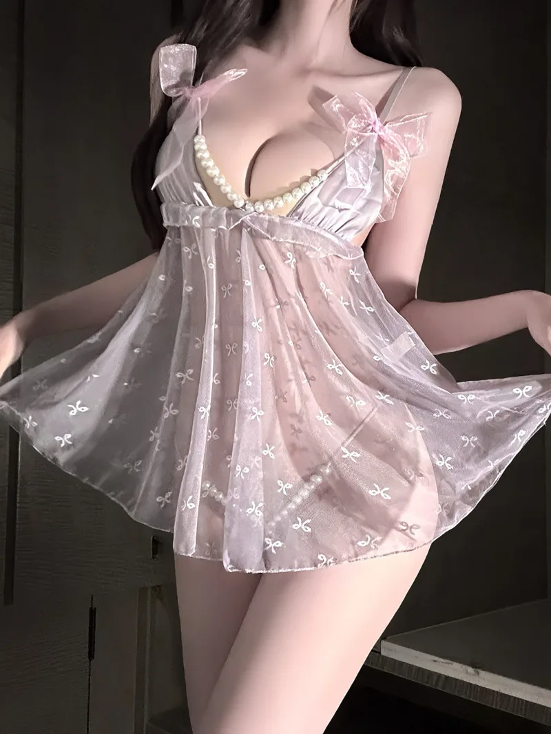 Nightclub Sexy Puro Desiderio Abito di Perle Sexy Pizzo Bowknot Stampa Maglia Trasparente Backless Profondo V Bretelle Senza Maniche Fascino 15QV