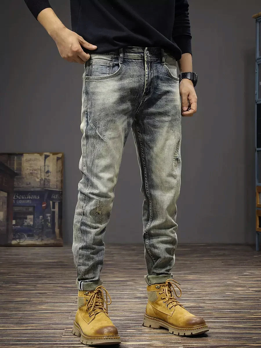 Fashion Designer Men Jeans Retro Trousers Stretch Elastic Slim Fit Ripped Jeans Men Patched Vintage Casual Denim Pants Hombre