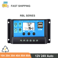 60A/50A/40A/30A/20A/10A 12V 24V Auto Solar Charge Controller PWM Controllers LCD Dual USB 5V Output Solar Panel PV Regulator