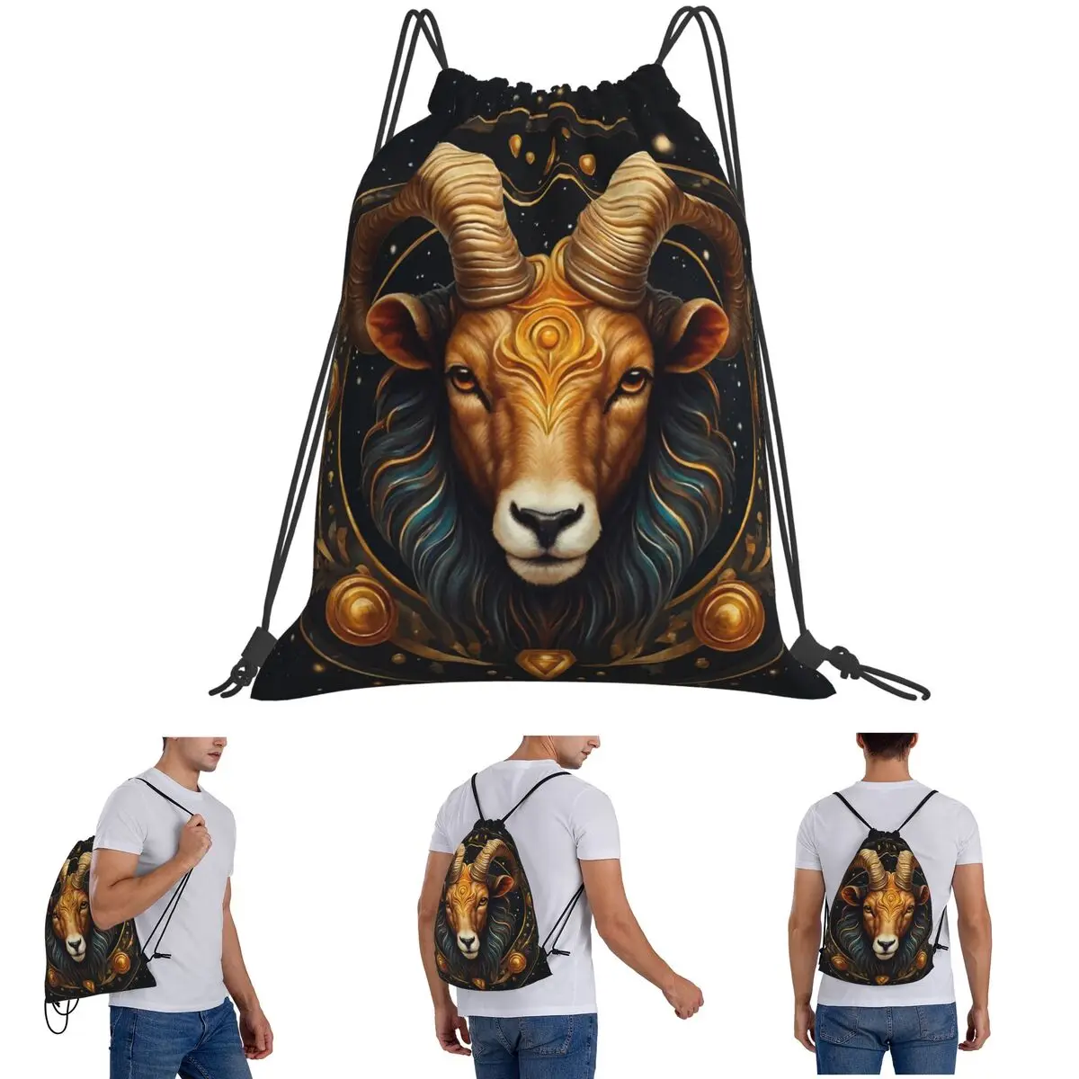 

Aries Zodiac Celestial Goat And Ram Horns Print Backpacks Multi-function Drawstring Bags Shoes Bag Book Bags for Travel School