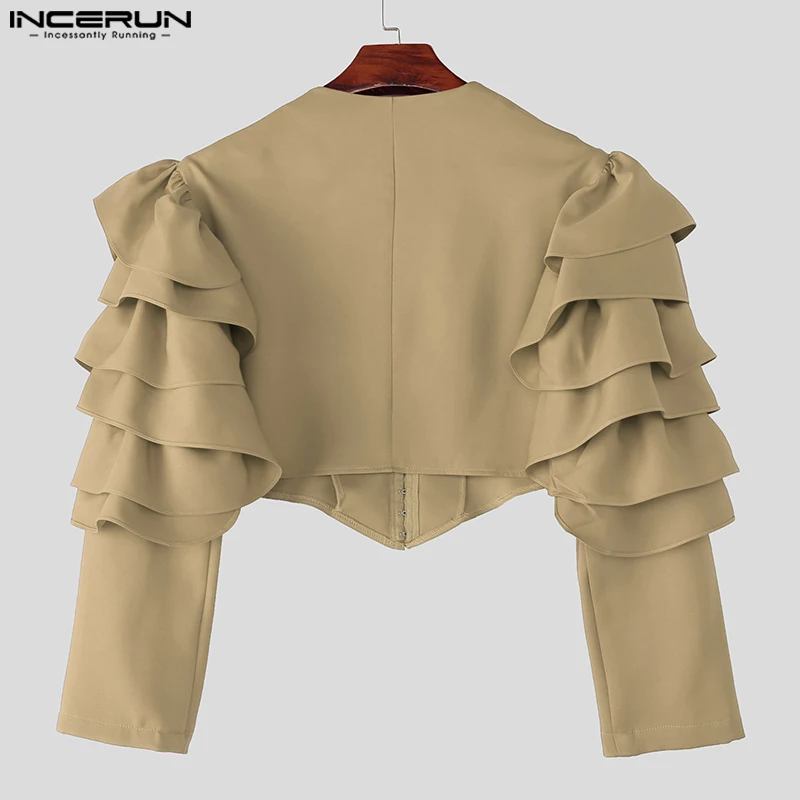 INCERUN Men Irregular Blazer Ruffle Solid Color Long Sleeve Deep V Neck Crop Suit Men Streetwear 2025 Fashion Casual Male Blazer
