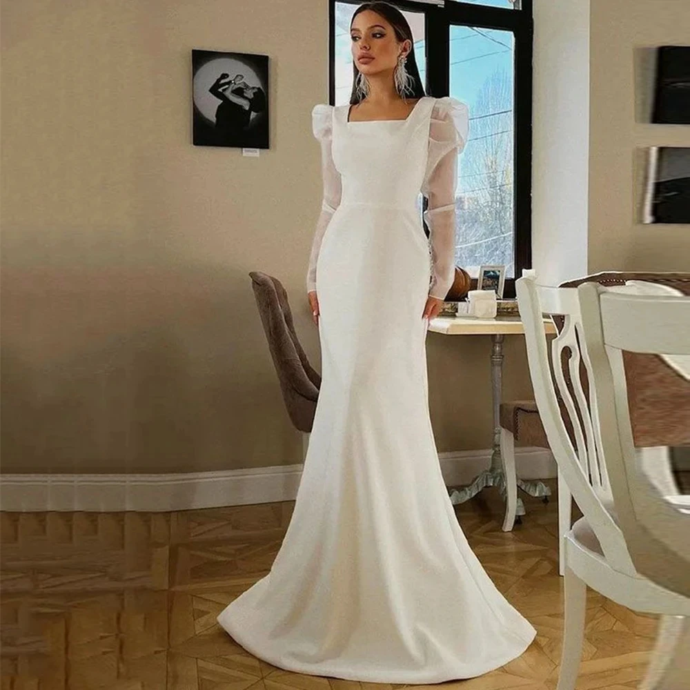 Elegant Square Collar Long Sleeves Wedding Dress For Bride 2024 Buttons Decoration Vintage For Women 2024 Customize To Measures