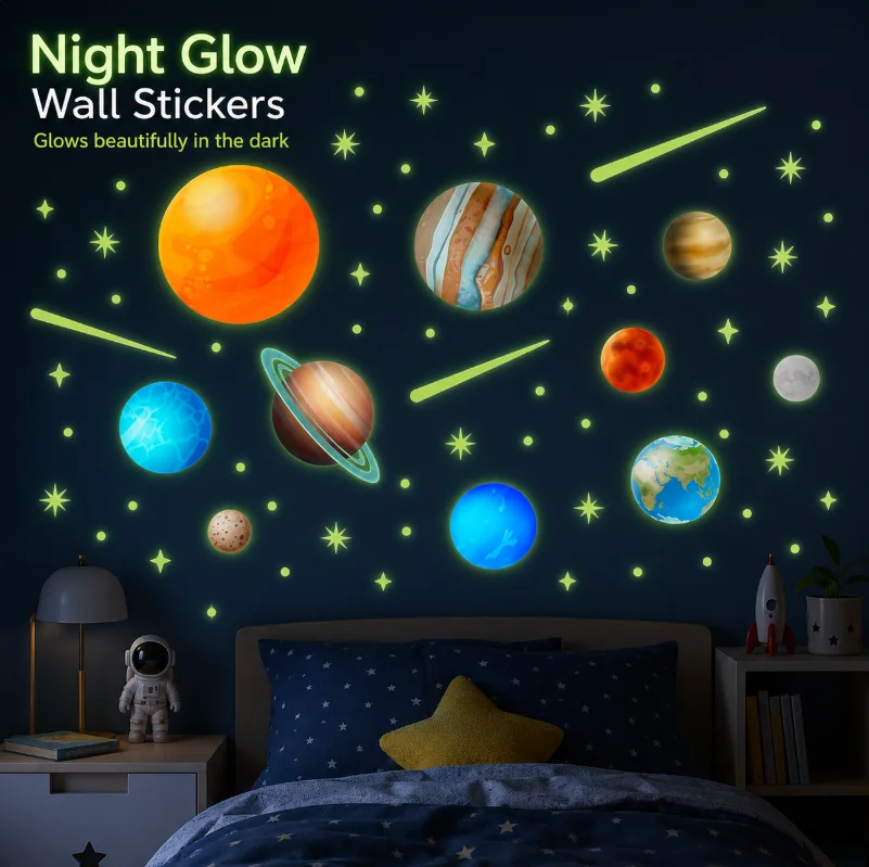 Night Glow Wall Stickers Featuring Nine Planets, Depicting the Cosmic Universe with Glowing Fluorescent Decorations for Bedroom