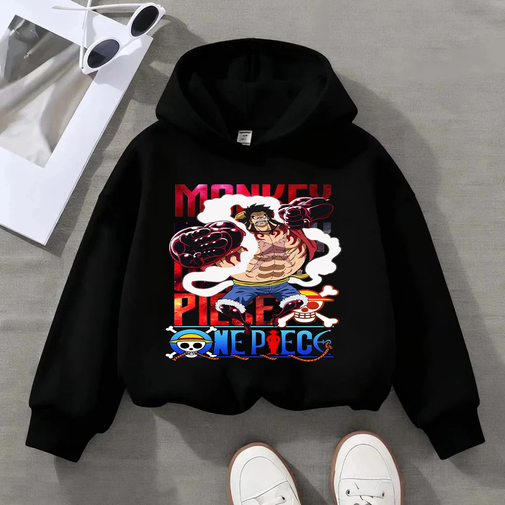 Felpa con cappuccio per bambini One Piece Monkey D. Rufy, felpa stampata con cartoni animati anime, pullover casual in cotone per ragazzi e ragazze, alla moda