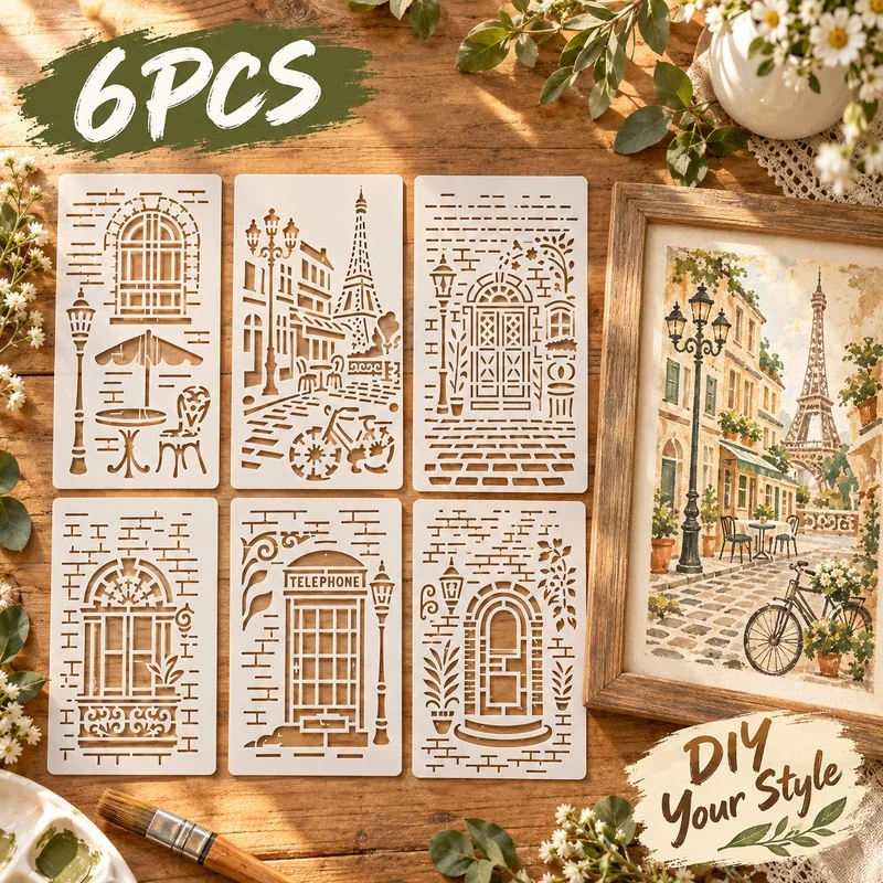 6Pcs European Street Scene Stencils Reusable PET Stencils for Painting City Window Door Craft Templates Wall Wood Fabric Decor