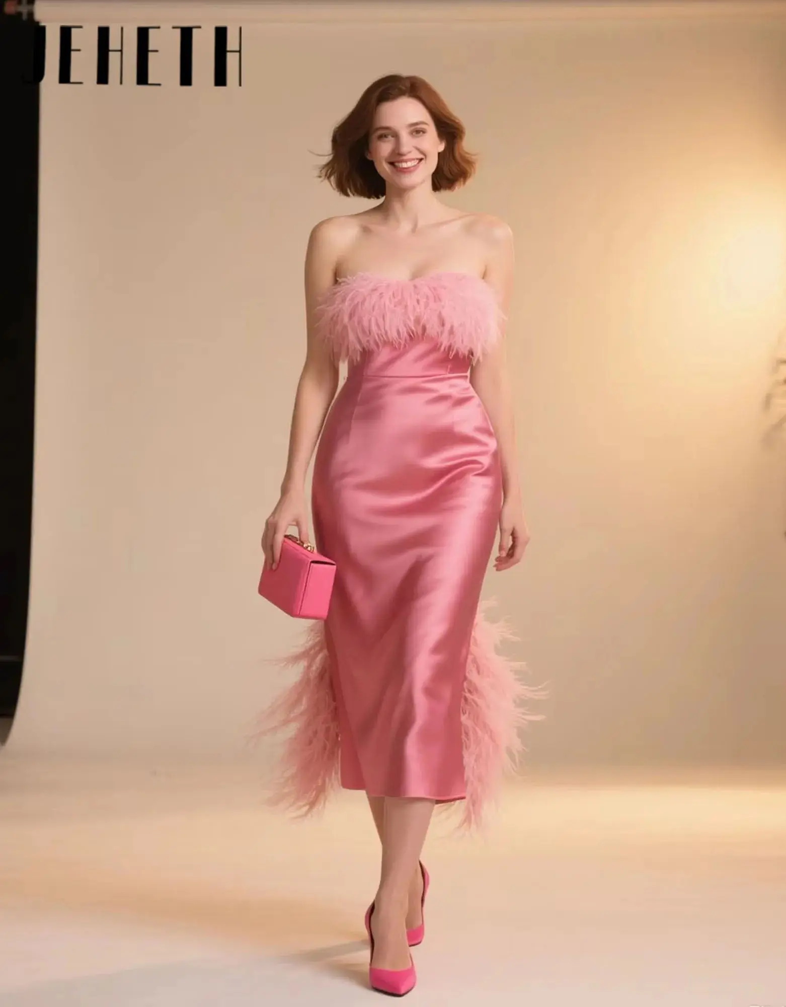 

JEHETH Elegant Evening Dress Strapless Tea Length Satin Sleeveless Quinceanera Dress With Feather Formal Prom Gown Customized