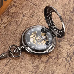 Vintage Pocket Watch Cool Chain Hollow Mechanical Dial Black Watches Transparent Cover (