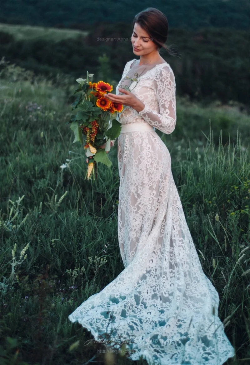 personalizado 11187 # Vestido de novia de manga larga con cuello en V profundo, vestido de novia bohemio de encaje con cola de barrido, vestido de novia bohemio para playa