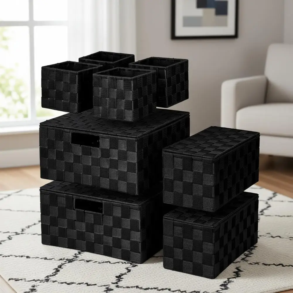 

Набор из 8 плетеных корзин для хранения – идеально подходят для организации пространства в шкафах, на полках, в ящиках, спальнях, кухнях и кладовках, черные.