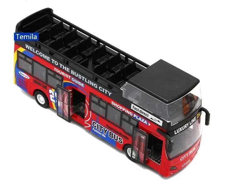 Som e luz eletrônica ônibus turístico de dois andares modelo de liga ônibus de passeio urbano com porta aberta modelo de coleção presente para crianças