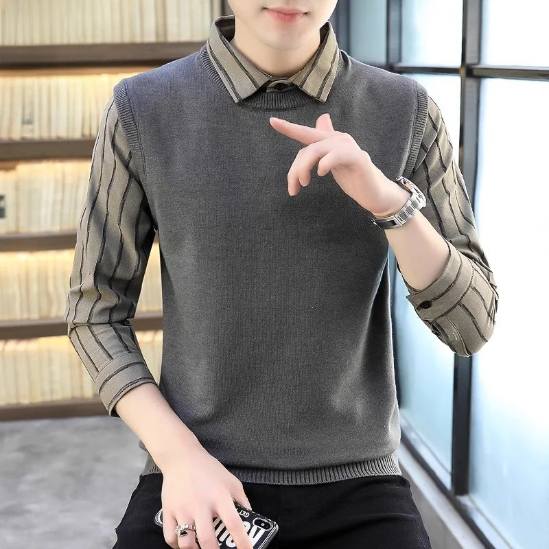 

Мужской вязаный свитер в полоску, базовый слой, модный, зимний, новинка, приталенный крой, с длинным рукавом, утепленный трикотаж