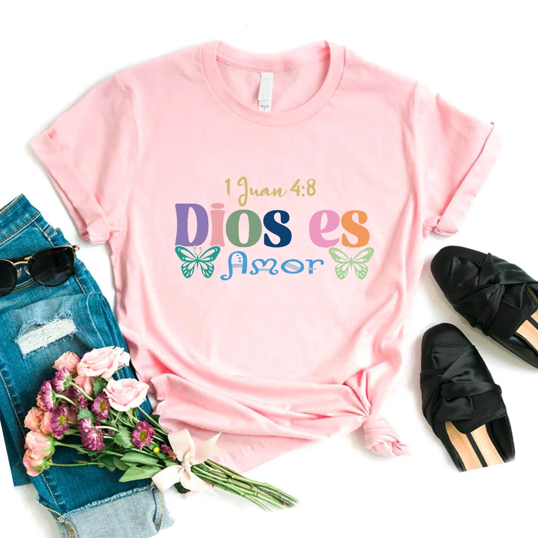 Dios Es Amor God Is Love Graphic Printed Tshirt Girls Fashion Butterfly T Shirt Women White/Black/Pink/Gray T-Shirt Female Tops
