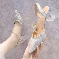 Bling High Heels Pumps Woman Elegant Crystal Strap Square Heels Wedding Shoes Women Shining Pointed Toe Clear Heel Sandals 32-42