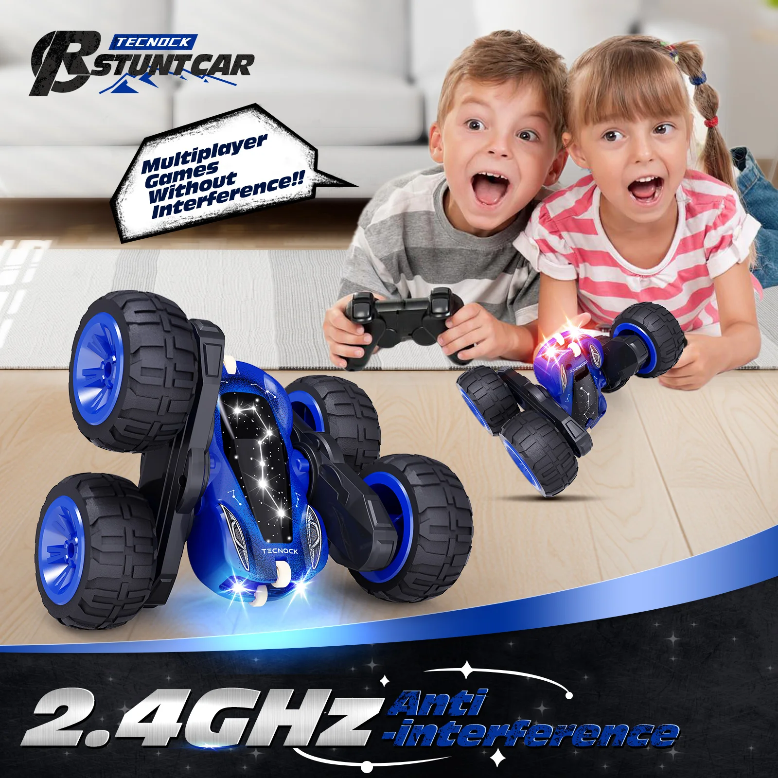 Remote Control Cars with Lights, 2.4GHz Rc Stunt Cars for Kids, 360°Rotating Double Sided RC Car Toys for Boys and Girls