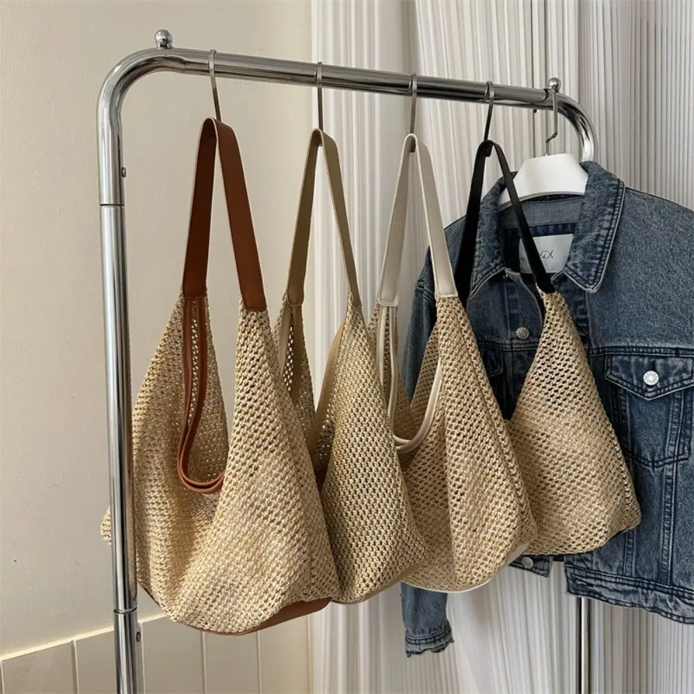 Casual Bucket Bag Woven Bag Straw Solid Color Shoulder Bag Large Capacity Purses Totes Bag Women