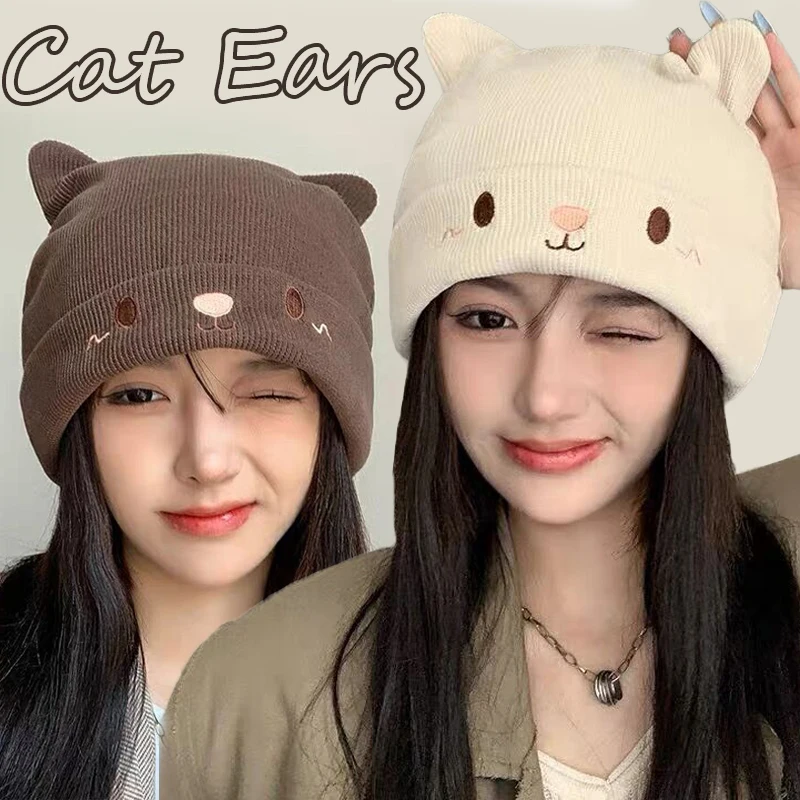 Cute Cartoon Cat Ears Hats Women Winter Warm Korean Knitted Hat Female Soft Outdoor Windproof Version Pullover Beanies Caps