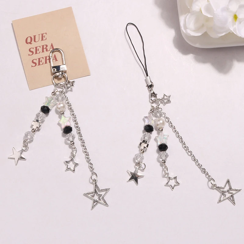 Goth Y2K Phone Charm Star Pearl Keychain Pendant Kawaii Key Chain Bag Beaded Phone Chain Cute Accessory For Girls Women Jewelry