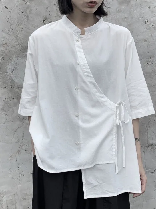 

Dark Fashion Asymmetrical Design Loose Women's Short Sleeve Shirt Belted Stand Collar Top Breathable Cotton Summer New Arrival