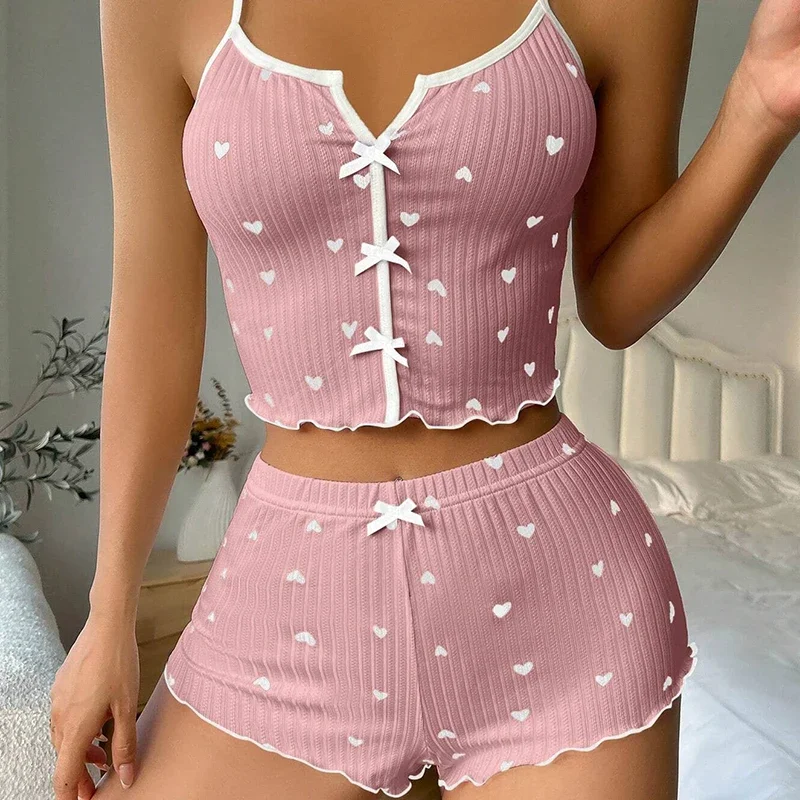 2 Piece Heart Printed Loungewear Women's Breathable Moisture Transferring Pajamas Ladies Soft Fashion Suspenders Homewear Girl