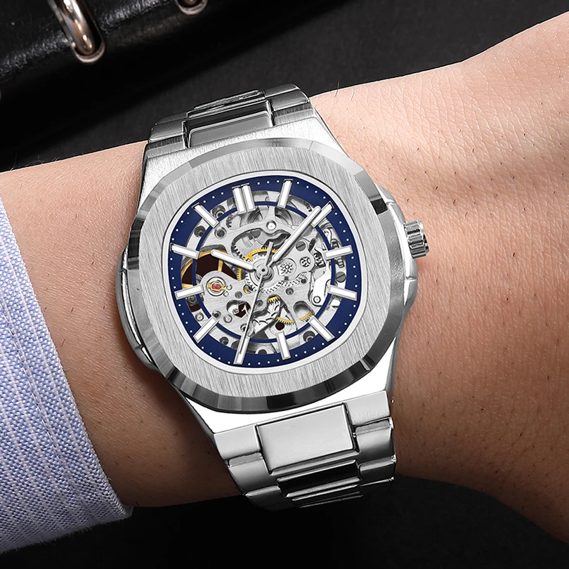 Skeleton Hollow Men Automatic Mechanical Watch Steampunk Sliver Blue Full Steel Waterproof Wrist Watches Male Mechanism Clock