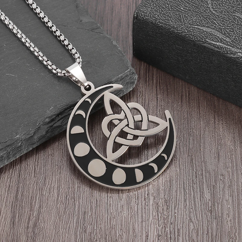 Stainless Steel Celtic Knot Moon Irish Knot Symbol Pendant Necklace Men Women Fashion Amulet Jewelry Gift