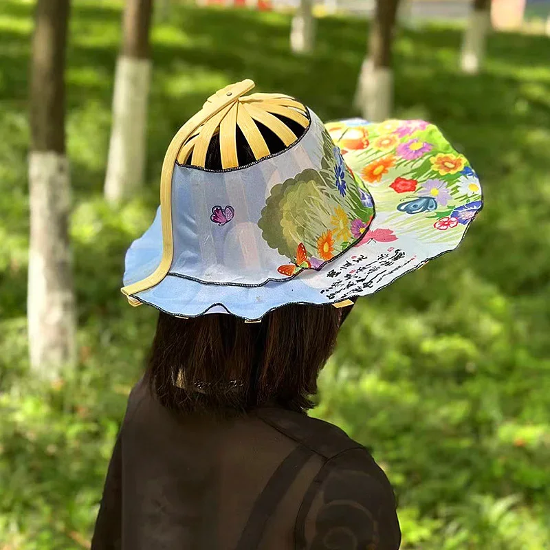 Foldable Bamboo Fan Hat Summer Sunshade Anti-squat Caps Fashion Multi-functional Travel Wide Brim Fan Sun Hats
