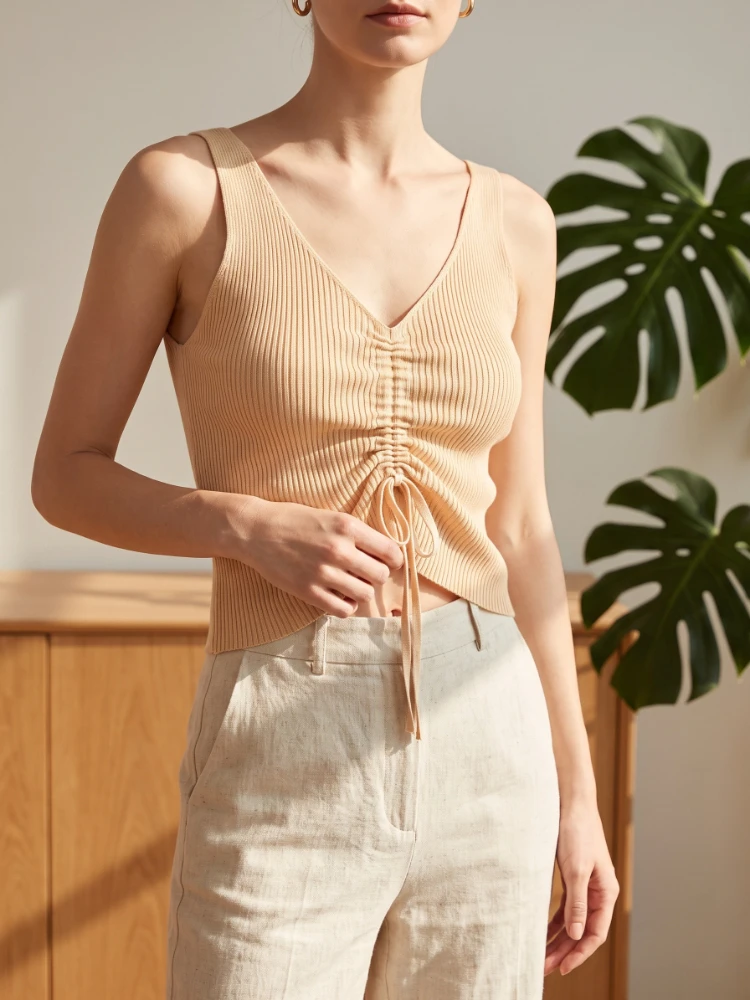 High Stretch Split Cropped Tops Summer Women Drawstring Front Ribbed Knit Tank Top Femme Sexy V Neck Sleeveless Crop Top Clothes
