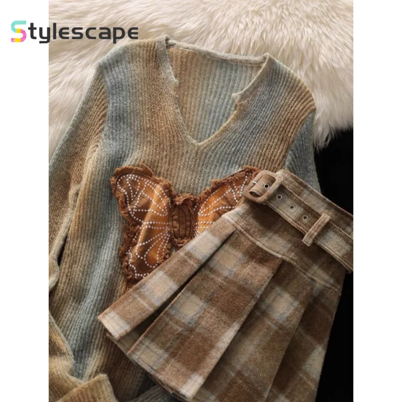 Korean Retro Set with Spicy Girl Design, Butterfly Patch Fabric Knitted Sweater, Women's Plaid Woolen Skirt Two-piece Set