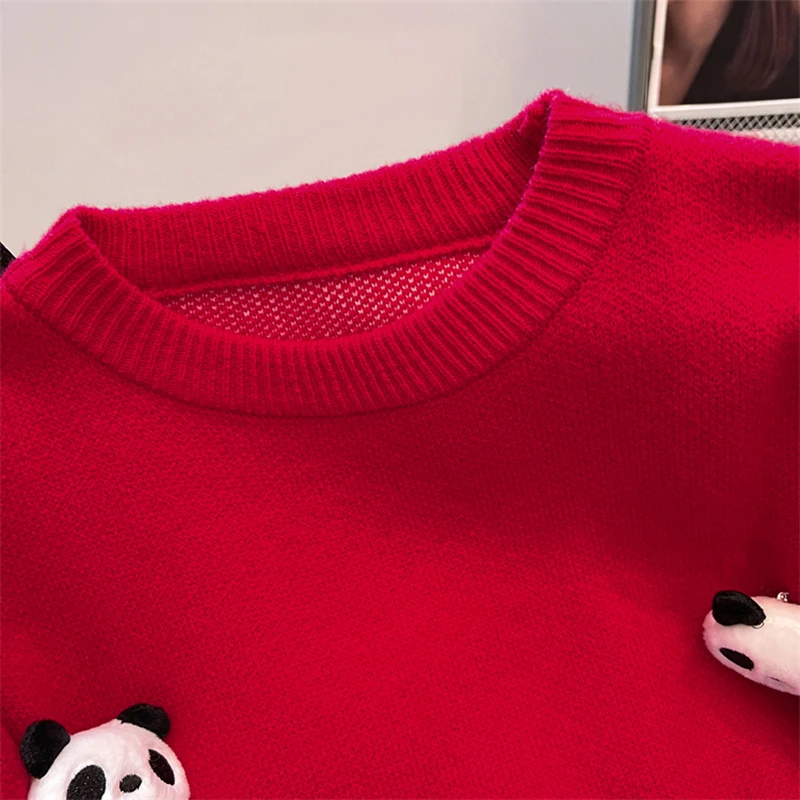 2024 New Autumn Winter Women Thicken Loose Pullover Sweater High Quality Sweet Cute 3D Panda Decorative Knitted Sweater