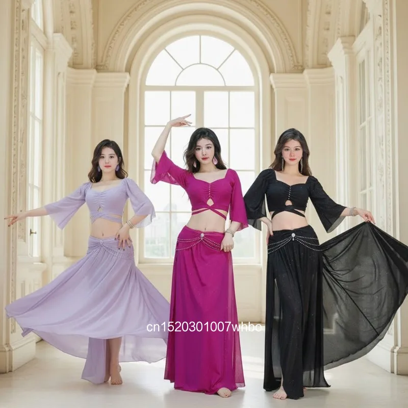 Women's Belly Dance Practice Clothing Adult Dance Set Slimming Ruched Top High Skirt Stretchy Oriental Dance Training Outfit
