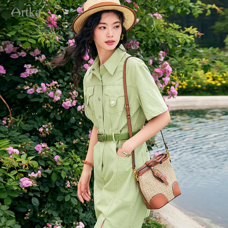 ARTKA 2023 Summer New Women Dress Fashion Casual Safari Style Shirt Dresses Short Sleeve High Waist Dress With Belt LA92237X