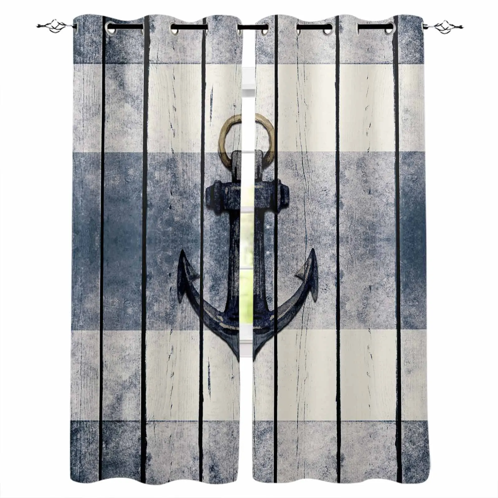 Boat Anchor Wood Vintage Curtains for Living Room Bedroom Decorative Window Treatment Drapes Kitchen Curtains