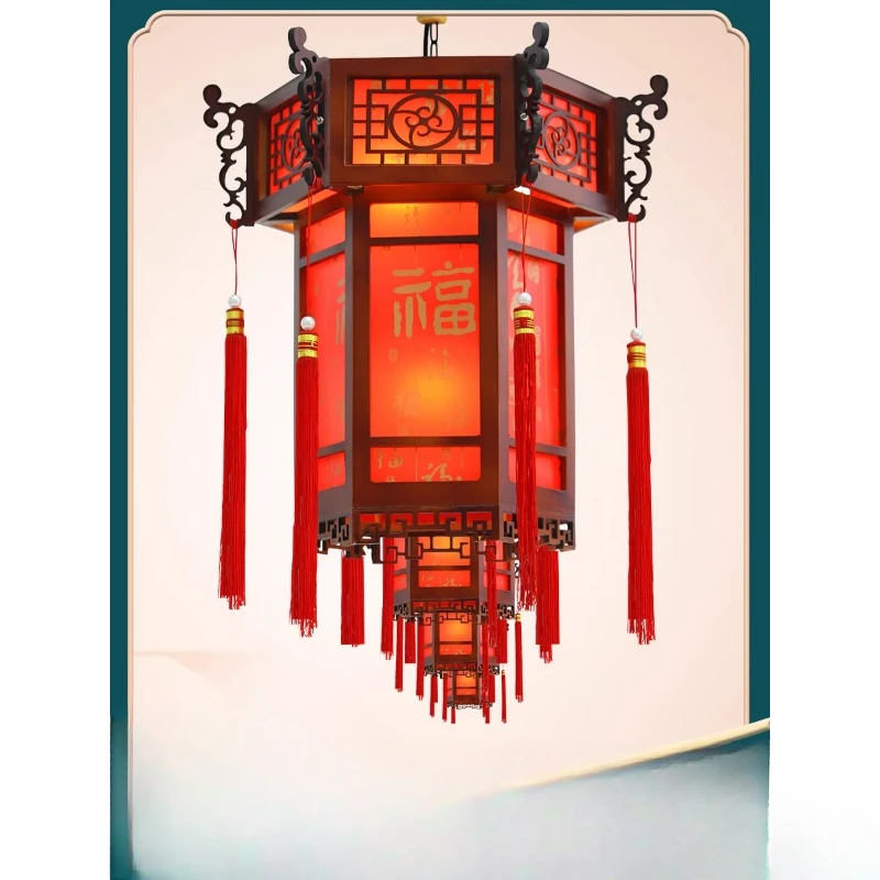 

Chinese style solid wood hexagonal palace lamp balcony, red lantern pendant lamp, temple, ancestral hall,