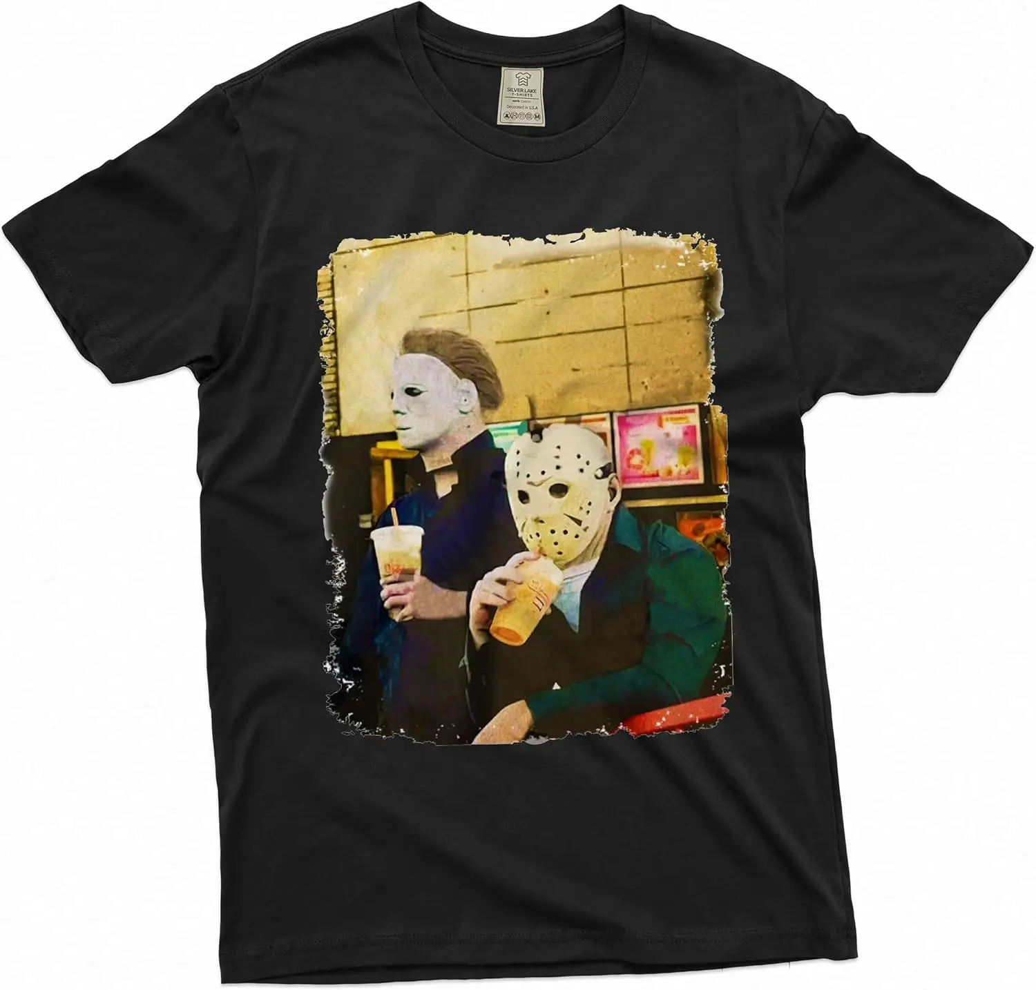 Movie Inspired T-Shirt Michael Myers Drinking Coffee Funny Humorous Tee For Him Fun 100% Cotton Short-Sleeve Shirt – A Gift For