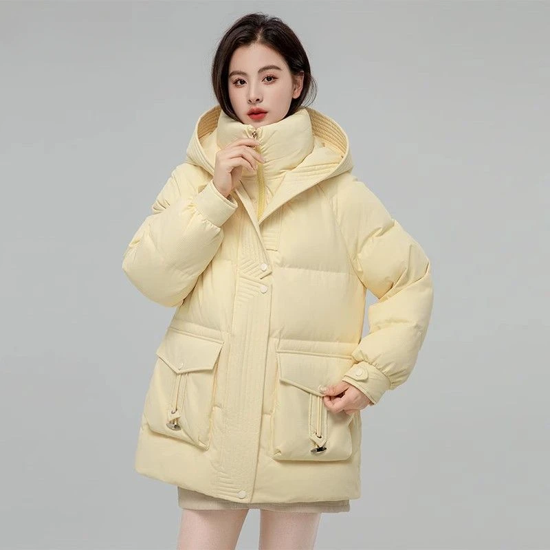 

Women Stand Collar Mid-length Down Jacket Winter White Duck Coat Hooded Puffer Overcoat Zipper Warm Snow Thick Outwear B61