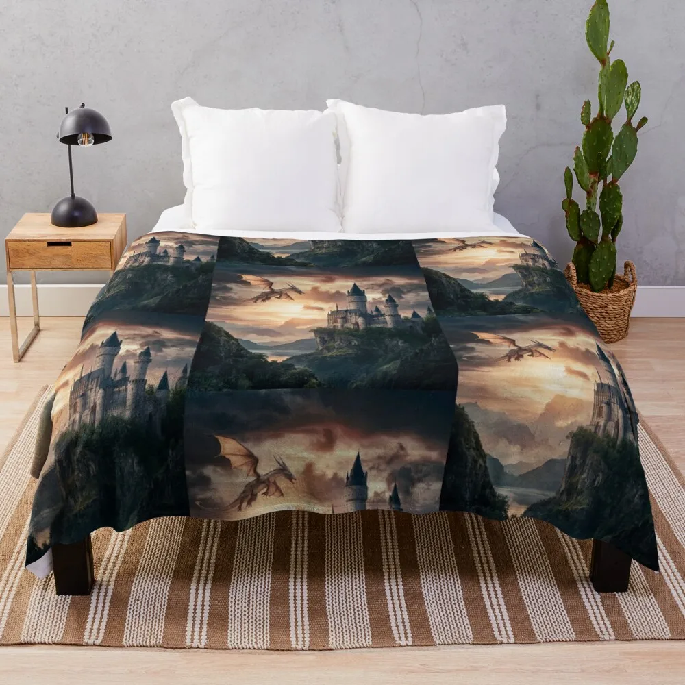 

Fantasy landscape with a castle on a cliff and a dragon flying in the sky. Throw Blanket Hair funny gift Blankets