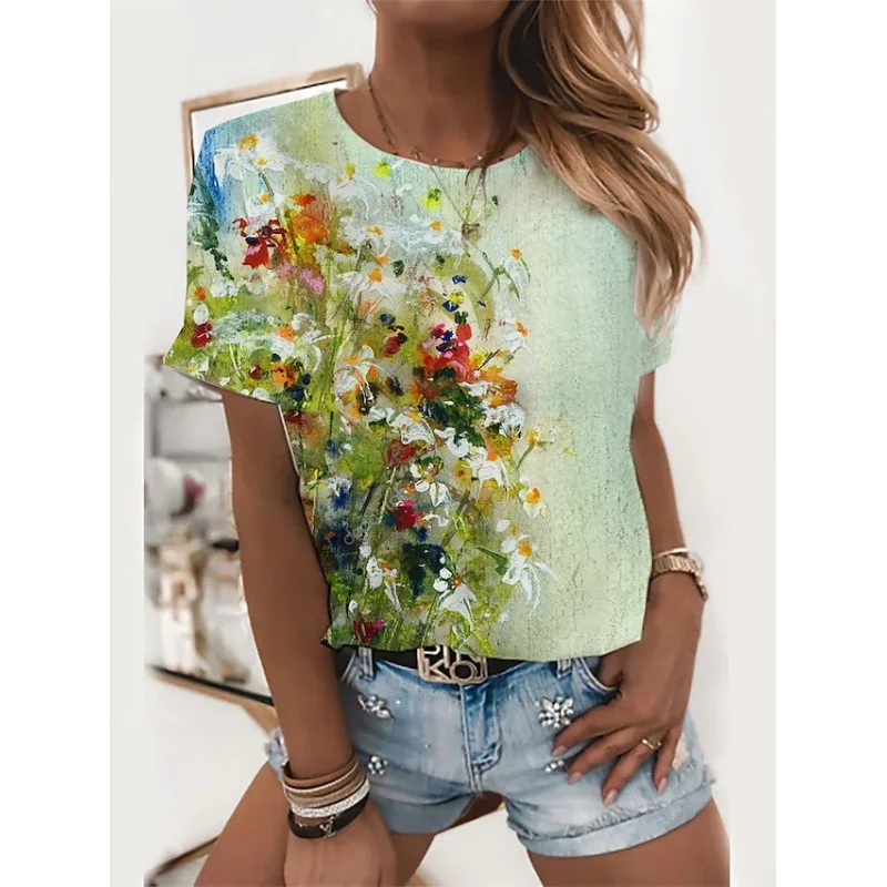 2024 New Product Explosive 3D Sunflower Flower Fashion Printed T-shirt Round Neck and Flower Printed Matte Women\'s T-shirt