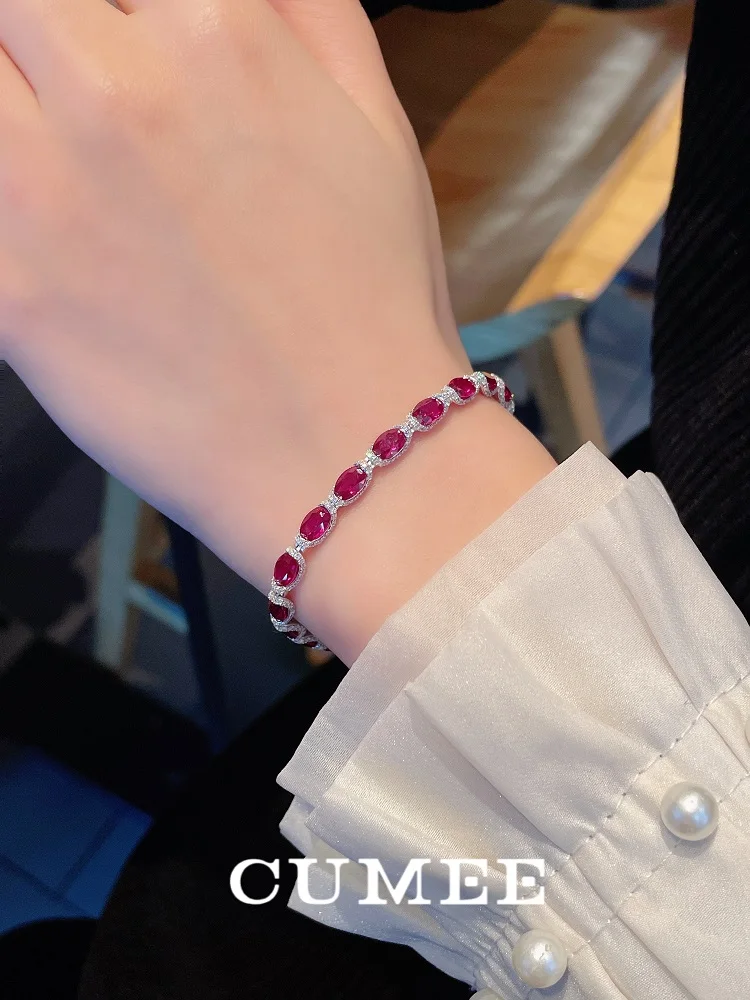 CUMEE 925 Sterling Silver Bracelet for Women Gemstone Ruby Sapphire Red Green Bracelet 18K Gold Plating