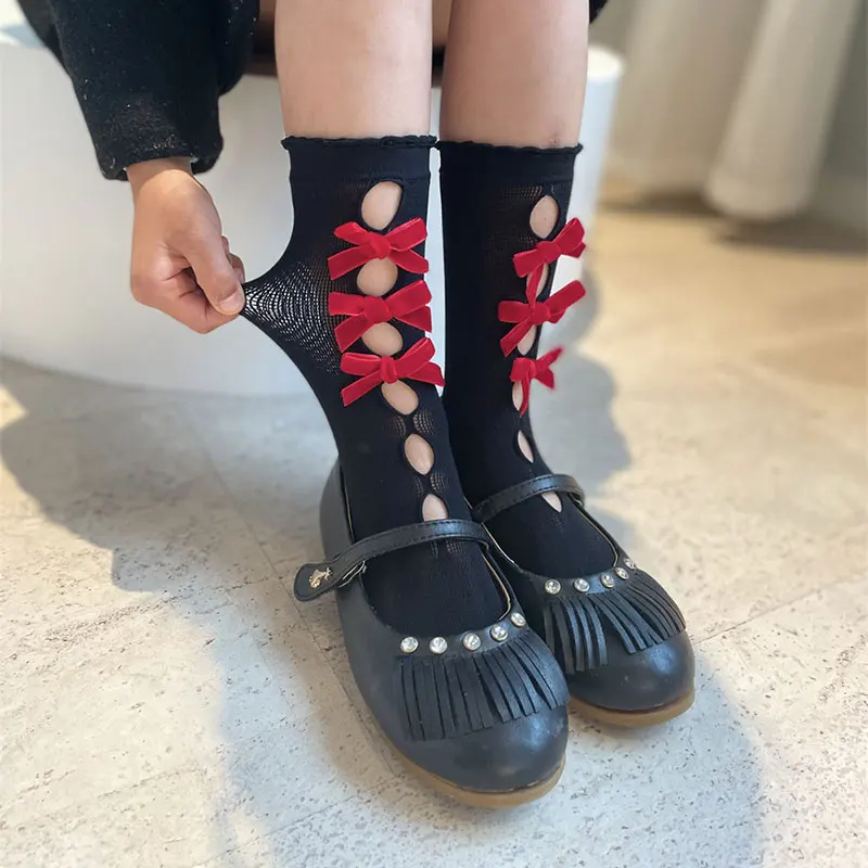 Baby Girl Socks Lace Bow Princess Socks Girls Kids Bow Knee High Non-slip Summer Spring Skarpetki Hollow Out Lolita Girl Sock