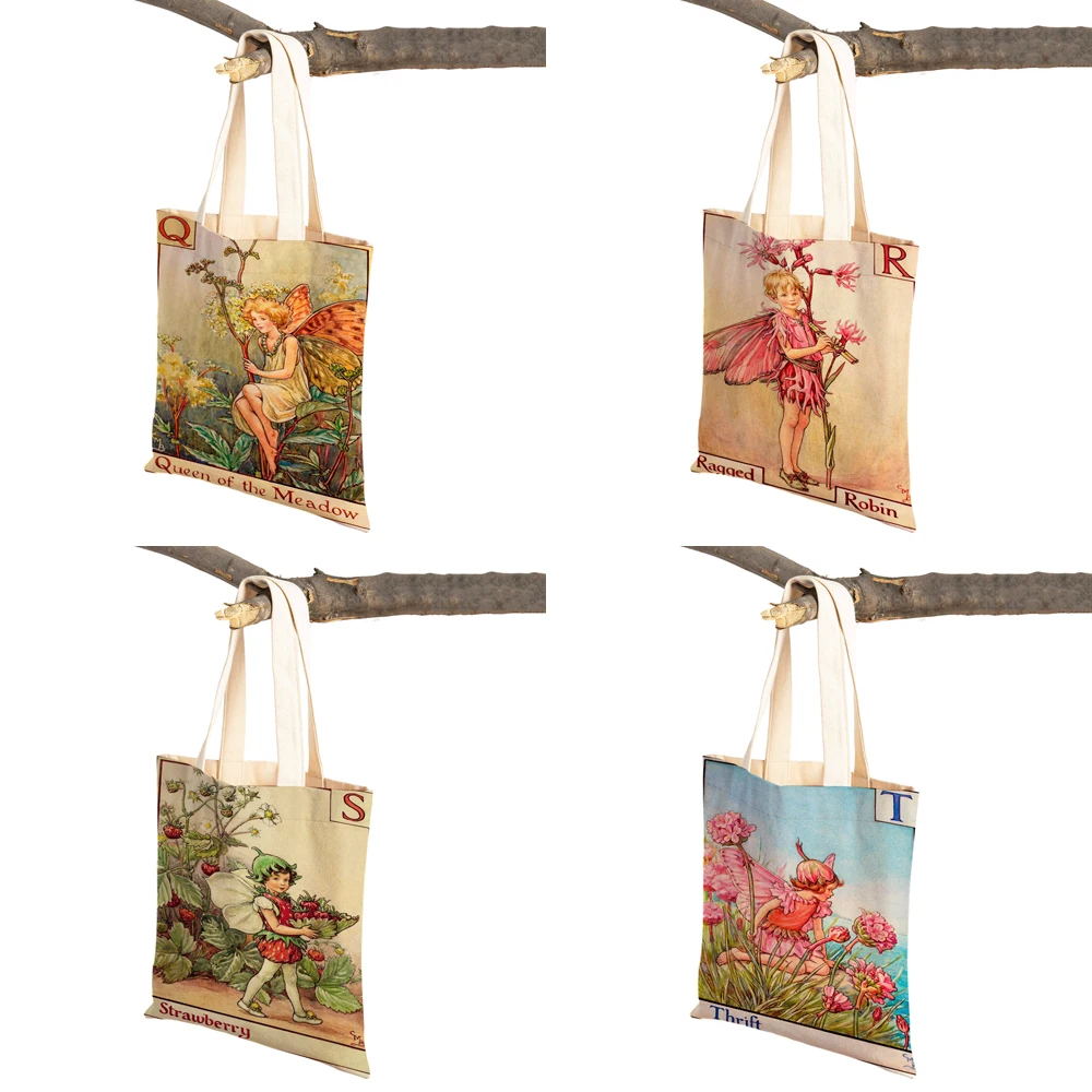 Vintage Floral Cartoon Kid Tote Handbag for Girl Casual Canvas Women Shopping Shoulder Bag Flower Elf Fairy Tale Children